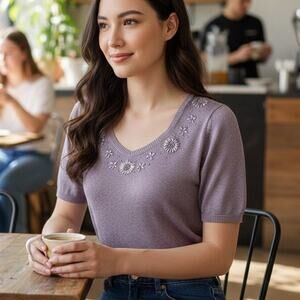 Vintage Grandma Chic Short Sleeve Woven Sweater Blouse with Floral Embroidery